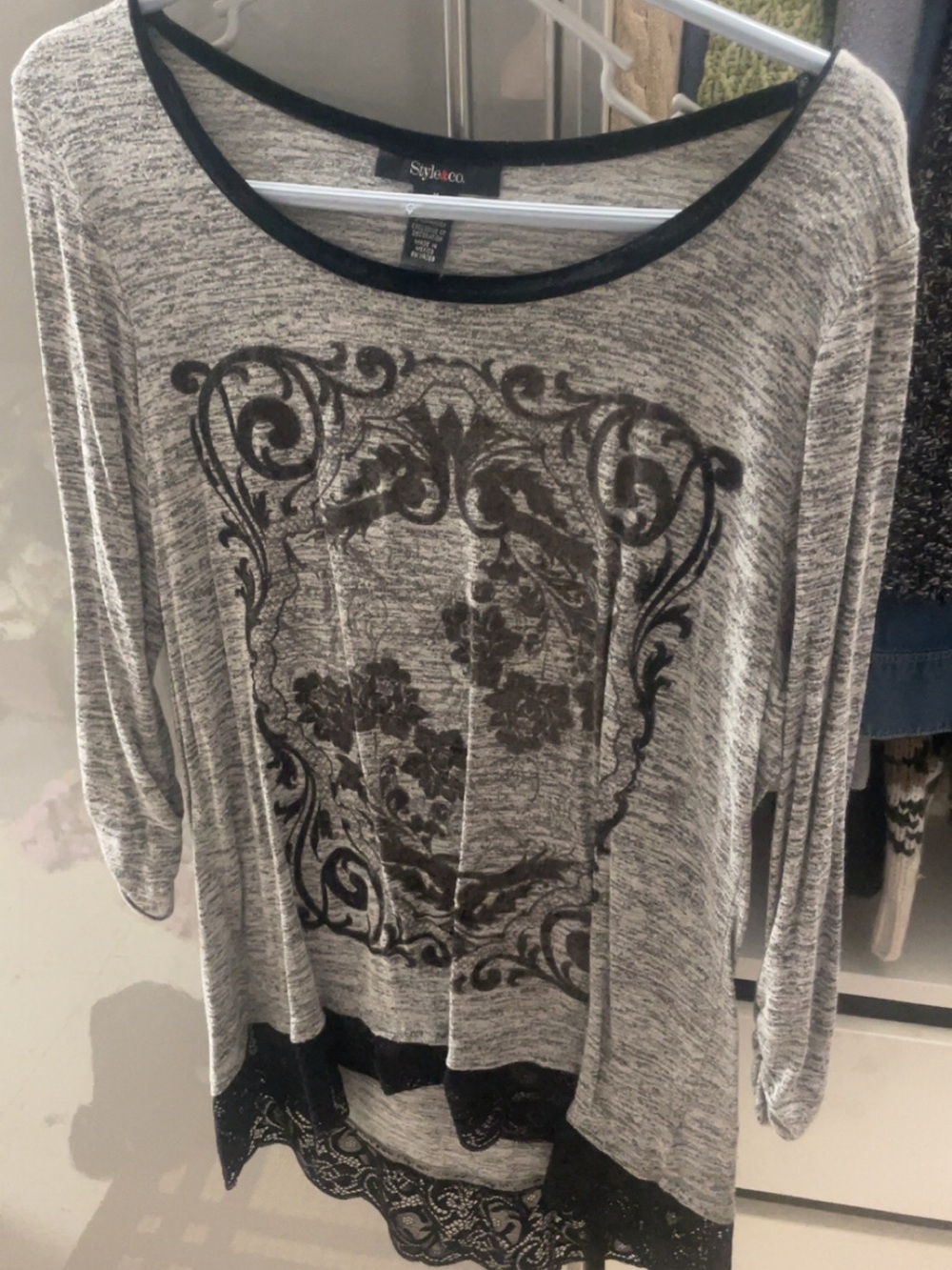 Style & Co. Heather Gray Long Sleeve Top with Black Lace Trim